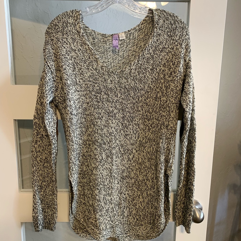 Gray heather knit sweater with elbow patches